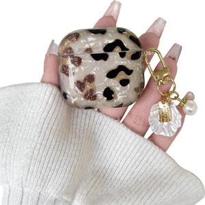 Lovmooful Compatible for AirPods 4th Case Cute Leopard Print Cool Cheetah Shell Pattern with Chain Design for Women Girls Soft TPU Shockproof Protective Cover Case for AirPods 4-Beige