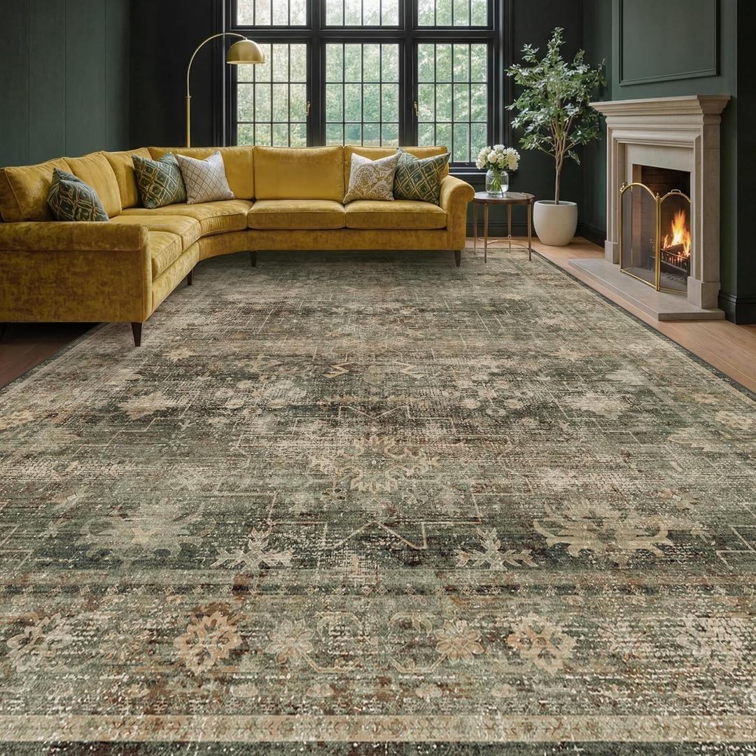 Farmhouse 9x12 Green Large Area Rugs for Living Room, Dark Academia Vintage Forest Green Washable Rug for Bedroom Under Bed with Distressed Geometric Aesthetic Décor, Stain Resistant Low Pile Non-Slip
