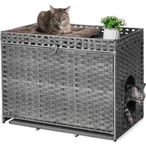 Cat Litter Box Enclosure with Soft Litter Mat; Hidden Kitten Washroom Furniture with Door; Handwoven Rattan Cat House with Large Space; Pet Crate for Living Room, Bedroom, Balcony (Grey)