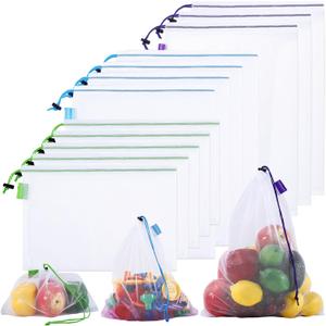 12 Pack Reusable Produce Bags, Barcode Scanable See Through Mesh Bags, Heavy Duty Washable Mesh Grocery Bag with Drawstring for Fruits, Grocery Storage, Toy Storage, 13.8"W x 16.5"H