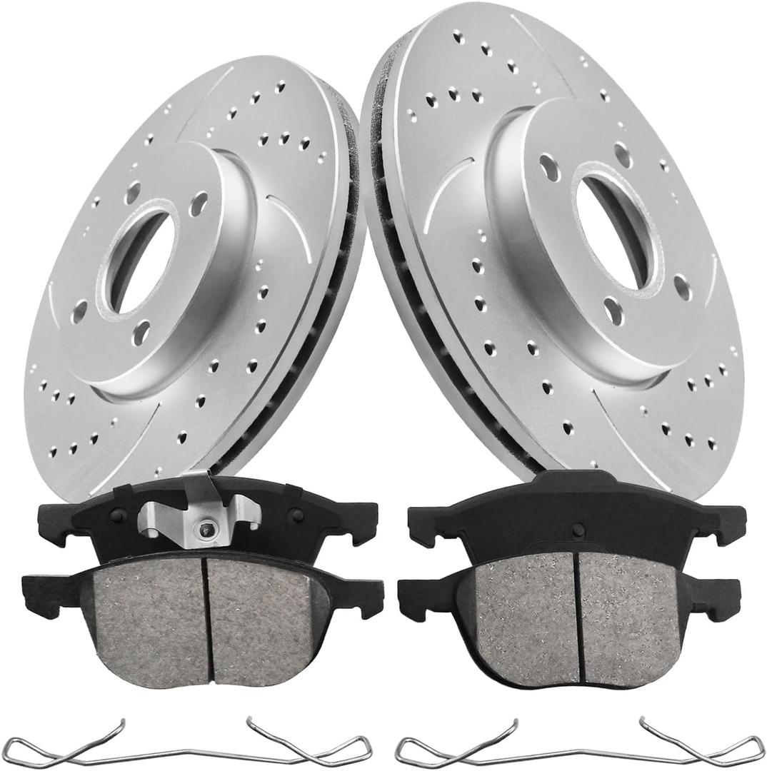 Anpulsero Front Drilled and Slotted Brake Rotors Ceramic Brake Pads Compatible with Select Ford Models, Focus 2005 2006 2007 | Anti-Rust Geomet Coated Low Dust Noise-Free|10.9 inch(277.9mm)