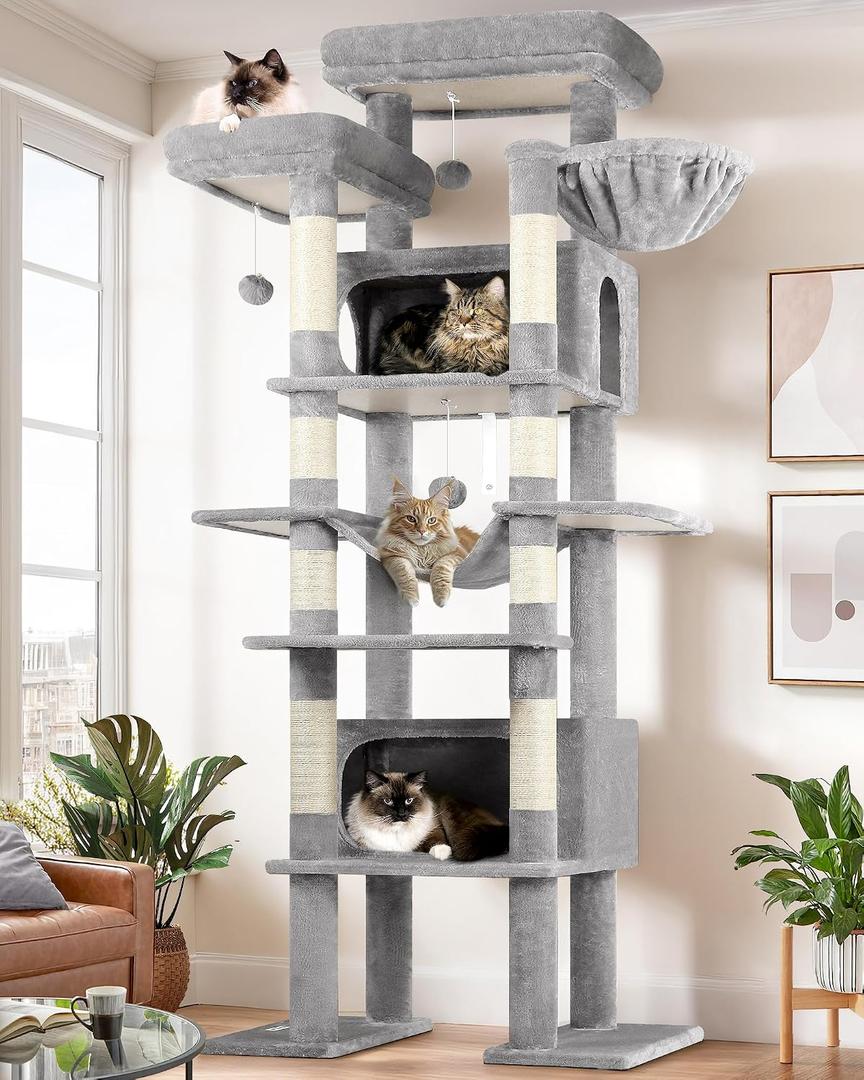 Globlazer XXL Giant Cat Tree, 83 Inch Heavy Duty Tall Cat Tower for Indoor Cats Large Adult, Multi-Level Large Cat Condo with 8 Scratching Posts, Hammock, 2 Cat Caves, 2 Platform, F83B, Light Grey