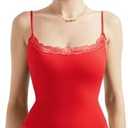 SUUKSESS Women Square Neck Lace Bodysuit Sleeveless Spaghetti Strap Tank Top, Large