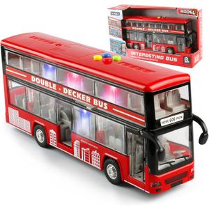 11"(28cm) Double Decker Bus Toy with Lights & Sounds, Scale(1:16) Friction Powered Bus Toy for Kids with Indoor Ceiling Lights and 4 Different Sounds - Gift for Kids Ages 3+ (Red), 11 x 2.8 x 4.9 inches