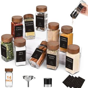 Yangbaga 14Pcs Glass Spice Jars with Labels-4oz Acacia Wood Lid Square Spice Containers with Pepper Grinder Lids &Funnel,Seasoning Jars for Rack Cabinet Drawer