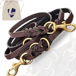 Multi Function 8ft Genuine Leather Dog Leash, Hands Free Training for Small, Medium and Large Dogs (Dark Brown, 8 Ft)