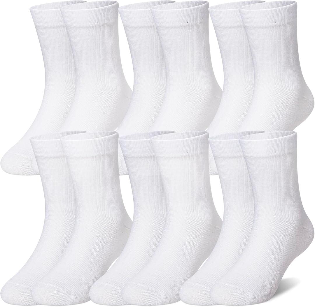 Eocom Girls Socks Little Kids Crew Socks Cotton Cute Youth Dress Socks 6 Pairs, White 3-5T