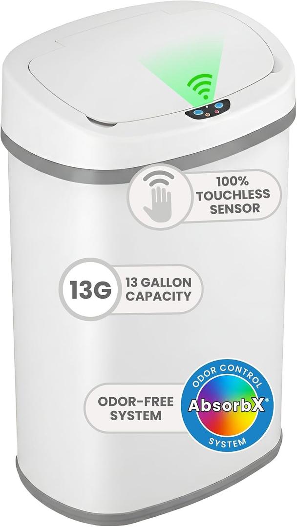 iTouchless 13 Gallon Oval Motion Sensor Garbage Container with Odor Filter, 50L Touchless Stainless Steel Kitchen Bin, Smart Automatic Lid, Fingerprint-Proof, Soft-Close, Matte White