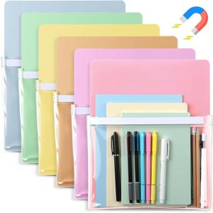 6 Pcs Magnetic File Holder Paper Holder Magnetic Pen Dry Erase Marker Organizer Magnet Pocket Pouch for Whiteboard Refrigerator, 12 x 9.5 in(Pastel)
