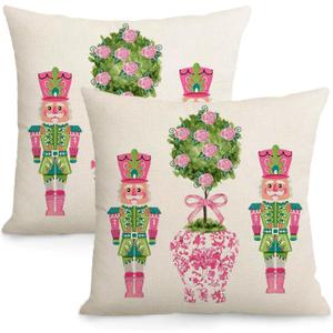 Christmas Pillow Cover 12x20 Inch, Pink Nutcracker Winter Holiday Decorative Cushion Cover, Chinoiserie Throw Pillow Case for Sofa or Bed