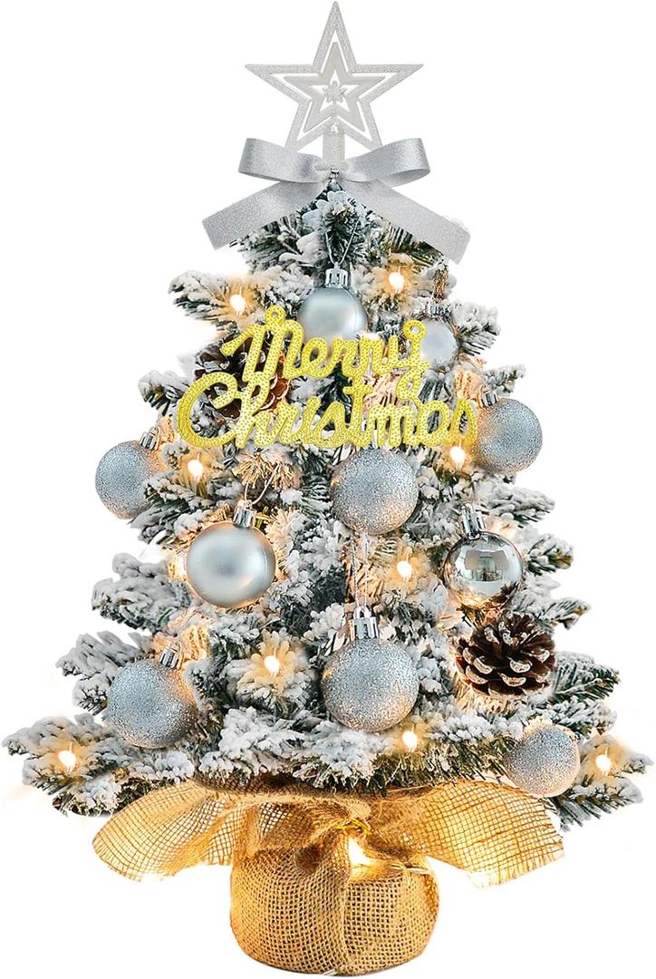 Tabletop Christmas Tree with Lights 22 Inch Mini Artificial White Christmas Tree with 30 LED String Lights, Star Tree, Tabletop Small Xmas Tree for Holiday Indoor DIY Christmas Decor