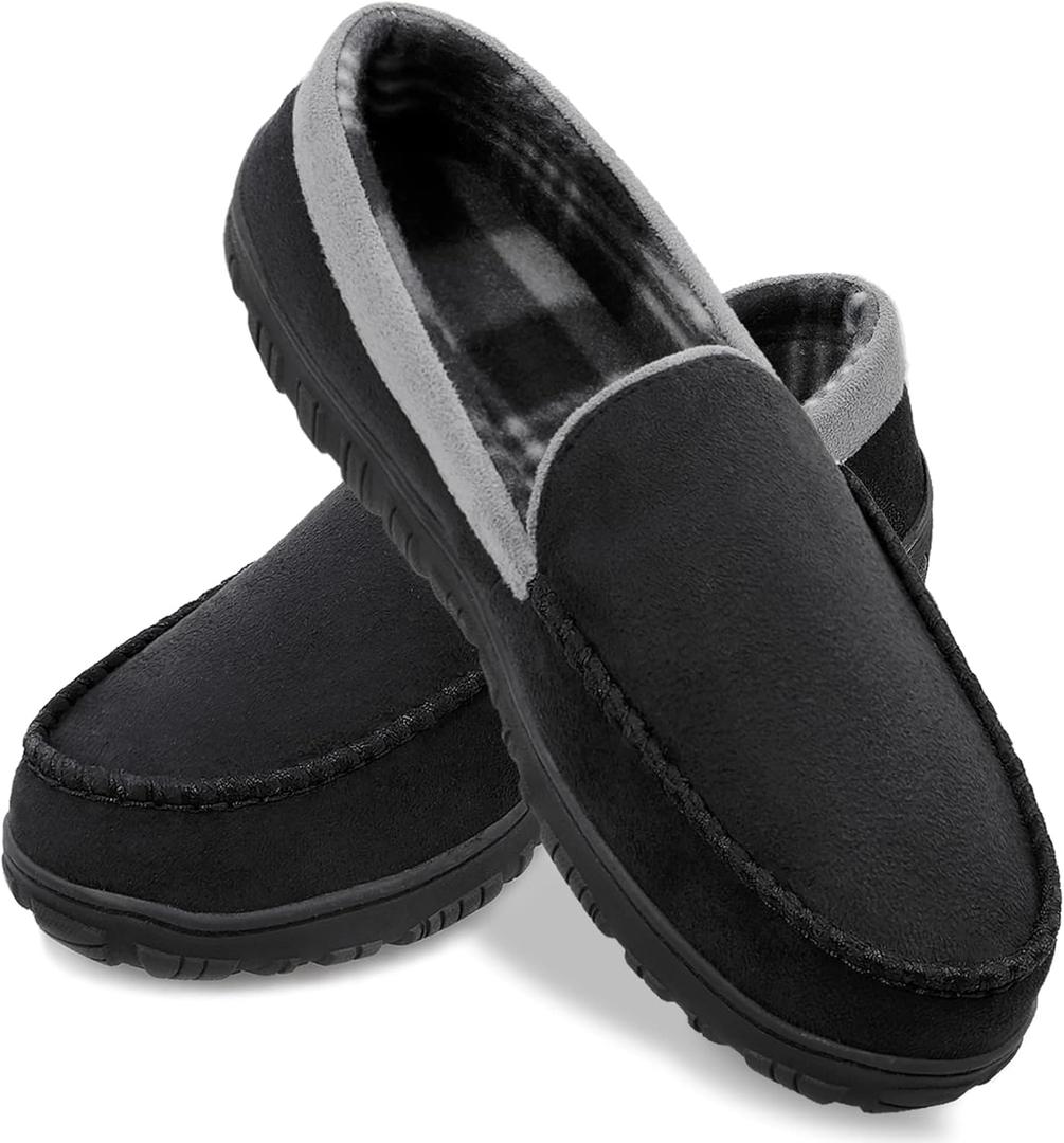 shoeslocker Mens Slippers Microsuede Moccasin Memory Foam House Shoes (10, Black Grey)