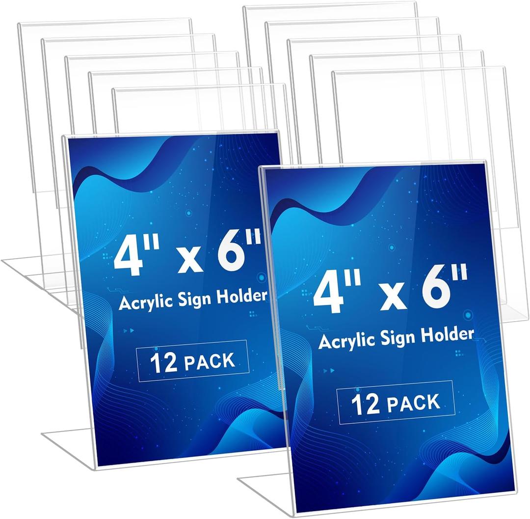 Comix Acrylic Sign Holder 4x6 Inches, 12 Pack L Shape Table Paper Stand | Clear Slanted Black Plastic Display Stand, Vertical Menu Flyer Holder for Cafe, Restaurants, Store Fair, Office, Wedding