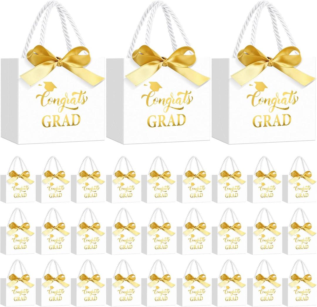 Moinchore 30 Pcs Graduation Gift Bags Bulk 5.5 x 4.7 x 2.5'' Small White and Gold Class of 2026 Treat Bags with Handles Bow Ribbon Congrats Grad Paper Party Favor Decorations for College High School