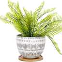 VanEnjoy 5.5 inch Large Round Bohemian Style Ceramic Planter, Geometry Engrave Off White Brown Succulent Planter Flower Pot, Indoor Outdoor Decorative Planter (#04)