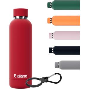 Exllena Slim Insulated Water Bottles for Travel 18oz with Clip, Double Wall Vacuum Stainless Steel Water Bottle Keeps Drinks Cold 24 Hrs/Hot 12 Hrs, 100% Leakproof, BPA FreeRed