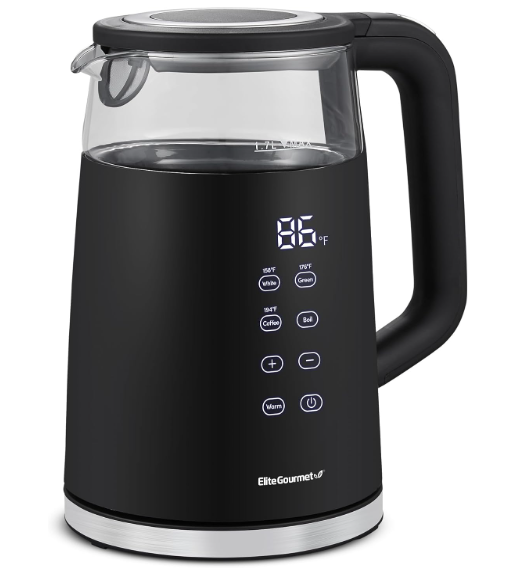 Elite Gourmet 1.7L Dual Wall Cool Touch Electric Tea Kettle, Borosilicate Glass, 304 Stainless Steel Interior, Programmed Digital Touchscreen, Keep Warm, Auto Off & Audible Indicator, Black