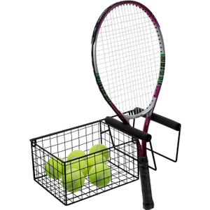 MyGift Hanging Metal Tennis Racquet and Tennis Ball Storage Basket Rack, Wall Mounted Racket Holder