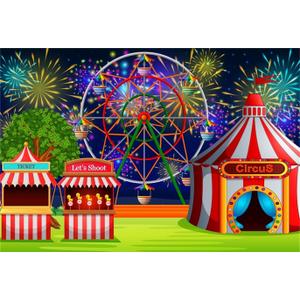 AOFOTO 7x5ft Fairground Circus Tent Backdrop Cartoon Amusement Park Ferris Wheel Fireworks Photography Background Playground Childhood Fun Carnival Party Decoration Studio Props Kid Vinyl Wallpaper