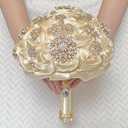 Handmade Satin Rose Floral Bling Pearl Decor Bridal Wedding Bouquet Rhinestone Pendant Artificial Brooch Flowers for Bride Bridesmaid Quinceanera (22 cm / 8.66 inch (popuplar), Beige)