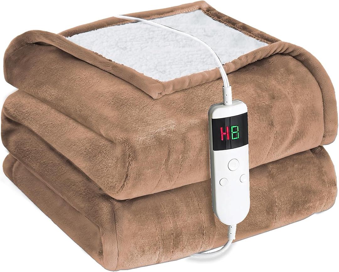Electric Heated Blanket Twin Size 62''x84'' -Control Heating Blanket, Soft & Warm Flannel 10-Level Temperature Control, 8 Hours Auto Off, Rapid Heating & Overheat Protection (Camel)