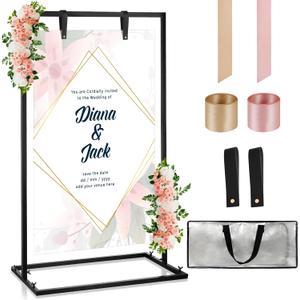 FACULX Wedding Sign Holder, Welcome To Our Wedding Sign Stand with Satin Ribbon and Bundle, Heavy Duty Easel Stand for Sign, 62x31x14.5 Metal Floor Standing Easels for Signs, Poster - Black
