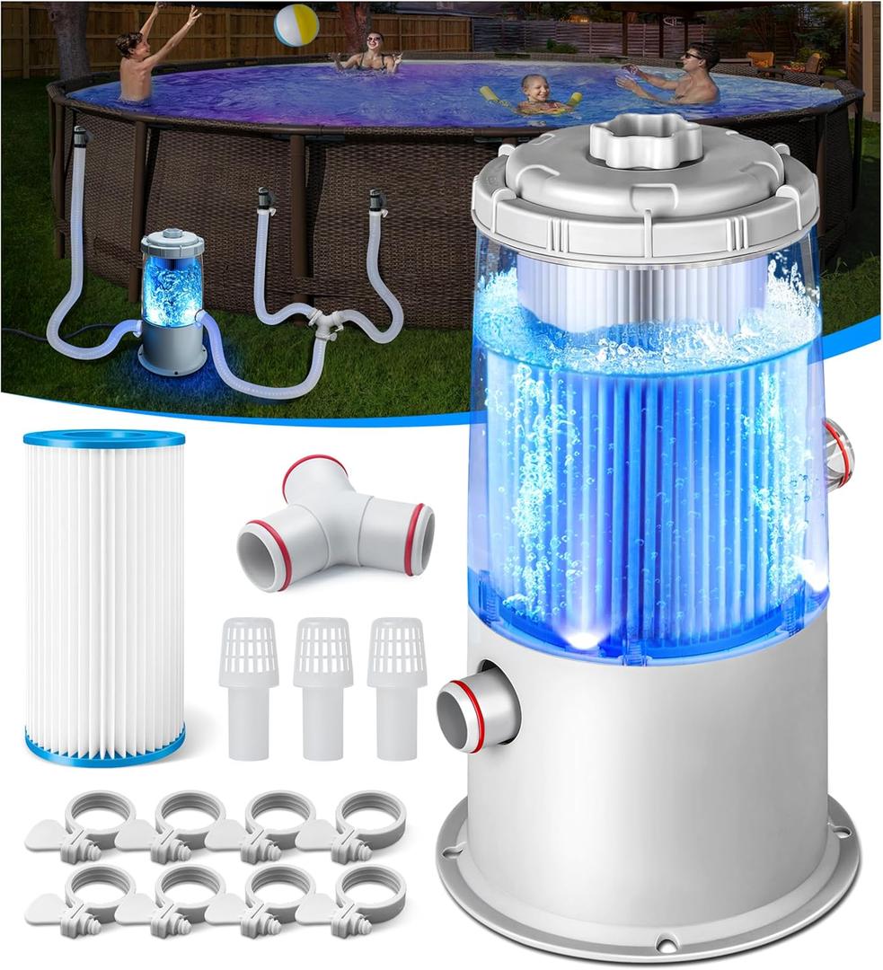 1000 GPH Light-Up Pool Filter Pump for Above Ground Pools | Built-in Blue LED Light, Transparent Housing for Real-Time Water Circulation & Filtration Monitor, Pool Cartridge Filter Pump System