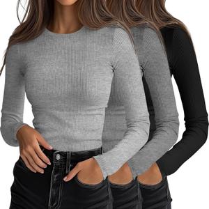 Ficerd 3 Pack Women's Ribbed Long Sleeve Tops | Crew Neck, Slim Fit Undershirts, Knit Basic, Summer Casual, Stretch Layering Tee Shirts, Medium