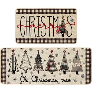 Baccessor Christmas Kitchen Rugs Set of 2, Xmas Trees Joy Snowflakes Kitchen Mats for Floor Non Slip Winter Holiday Farmhouse Christmas Decoration 17x29 and 17x47 Inch