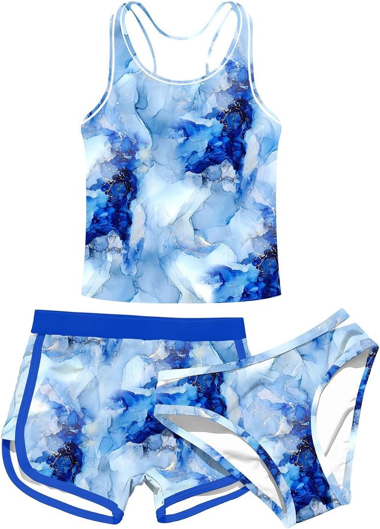 uideazone Girls 3 Piece Bathing Suit Summer UPF 50+ Racerback Swimsuit with Shorts Beach Tankini Sets 8-16 Years (Blue, S)