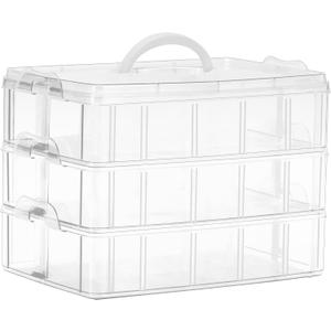 Sooyee 3-Tier Stackable Craft Organizers and Storage Box Plastic with 30 Compartments for Bead, Toys,Dolls, Arts and Craft, Washi Tape, Rock Collection, Ribbons,Clear