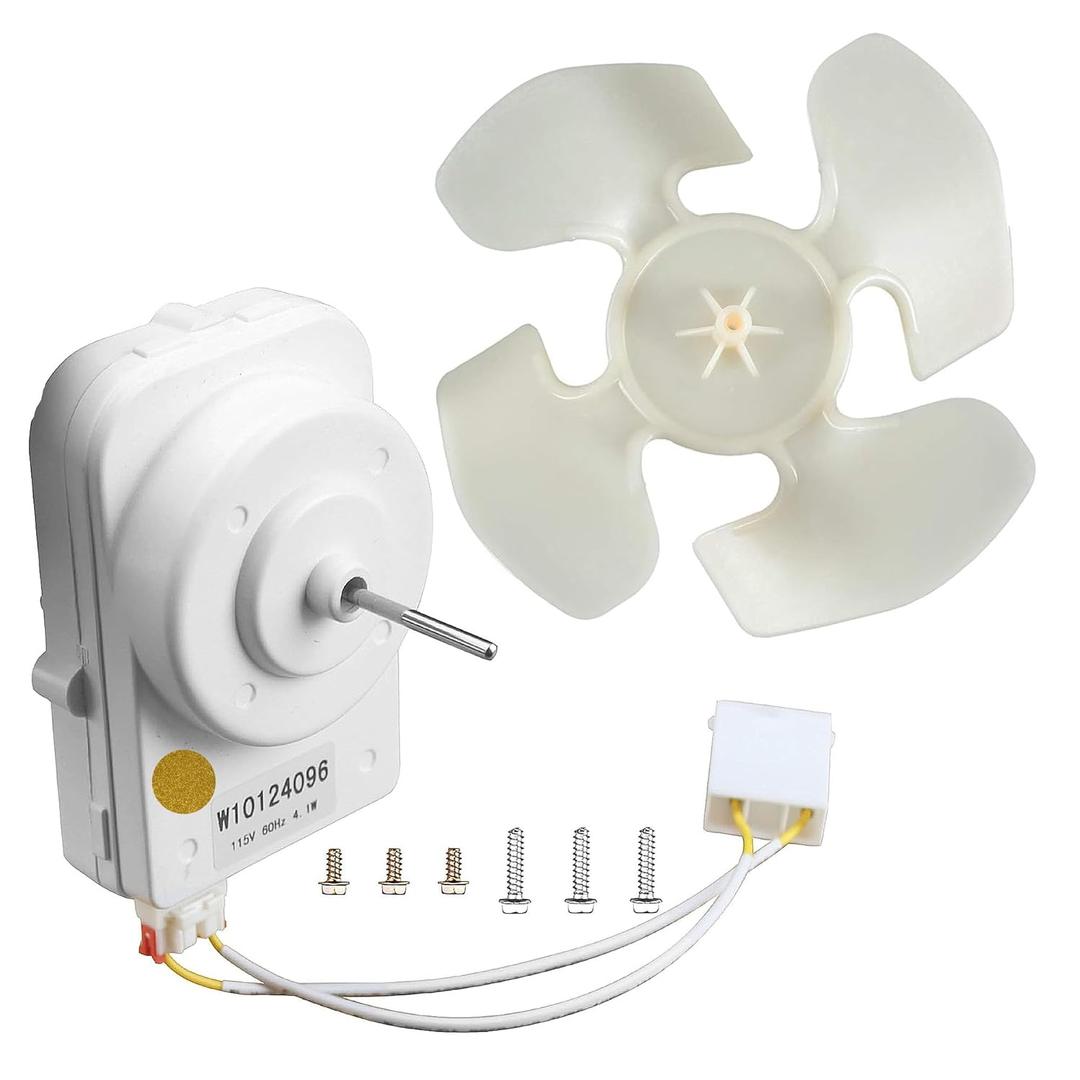 W10124096 W10130108 W10204250 Refrigerator Condenser Fan Motor Kit - Compatible with Whirlpool, KitchenAid & Kenmore, with Motor, Blade, Harness & Hardware,Replace 2188727 2188538