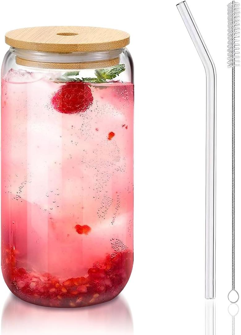 Glass Cups with Lids and Straws 1Pack,Glass Coffee Cups,Glass Cup with Lid for Iced Coffee,Smoothie,Cocktail,Beer,Whiskey,Soda,Matcha,16 Oz Glass Cup with Bamboo Lid,1 Brush