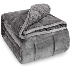 Wemore Sherpa Fleece Weighted Blanket for Adult, 15 lbs Dual Sided Cozy Fluffy Heavy Blanket, Ultra Fuzzy Throw Blanket with Soft Plush Flannel Top, 80 x 87 inches, Grey on Both Sides