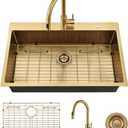 33 Inch Gold Drop In Kitchen Sink with Faucet Combo-VASOYO 33x22 Inch Gold Kitchen Sink with Faucet Combo Set Stainless Steel Deep Single Bowl Topmount Sinks and Faucets