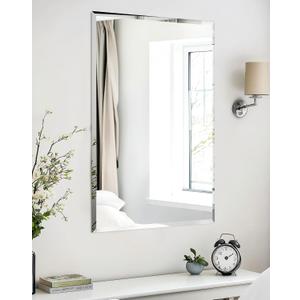Frameless Rectangular Wall Mirror: Decorative Rectangle Mirrored Glass Vanity with Beveled Silver Edge for Bathroom Bedroom Livingroom Dining Room Entryway Hallway, 40 x 28 inch