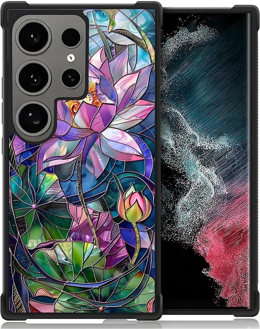 CARLOCA Compatible with Samsung Galaxy S24 Ultra Case Design for Girl Shockproof Anti-Scratch Hard PC Back Case Esthetics Fashion Pattern Colorful Stained Glass Design Lotus Flower