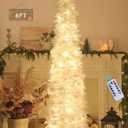 HMASYO 6 FT Pop Up Christmas Tree with 100 LED Lights & Remote, White Christmas Tinsel Tree, Collapsible Artificial Pencil Tree for Home Office Party Decor, USB Powered Timer Lights, Easy Assembly