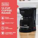 BLACK+DECKER 12-Cup Coffee Maker with Easy On/Off Switch, Easy Pour, Non-Drip Carafe with Removable Filter Basket, Vortex Technology, Black