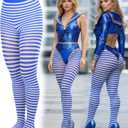 ToBeInStyle Women's Thin Horizontal Stripe Opaque Tights Pantyhose - Regular or Plus (Royalblue/White)