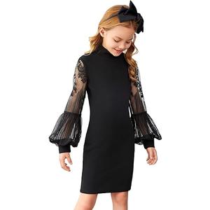 WDIRARA Girl's Floral Lace Sheer Mesh Bishop Long Sleeve Mock Neck Pencil Dress 7Y