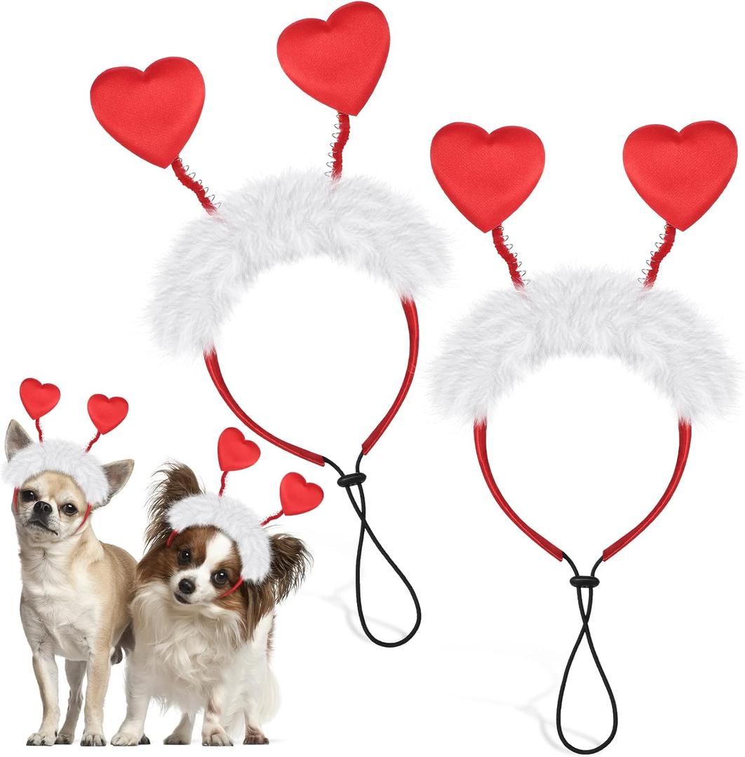 2 Pcs Valentine's Day Dog Heart Headband Red Love Hearts Headband Adjustable Dog Costume for Medium and Large Dogs Pets Weddings Anniversaries Holidays Dressing Props Accessories