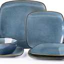 AmorArc Ceramic Dinnerware Sets for 4, 12 Pieces Square Handpainted Plates and Bowls Set, Chip and Scratch Resistant Stoneware Dishes Set, Dishwasher & Microwave Safe, Ocean Blue