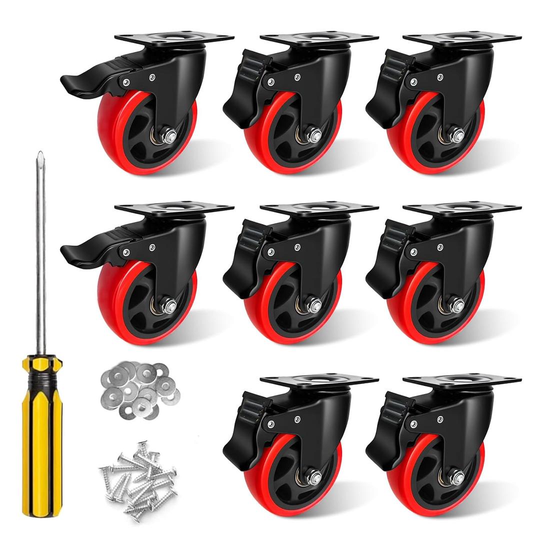 4 inch Casters Wheels, 4" Heavy Duty Casters Polyurethane (PU) Swivel Set of 8 Load 4400lbs with Brake, Locking Swivel Plate Caster, Industrial Castor Wheels for Carts,Furniture and Workbench