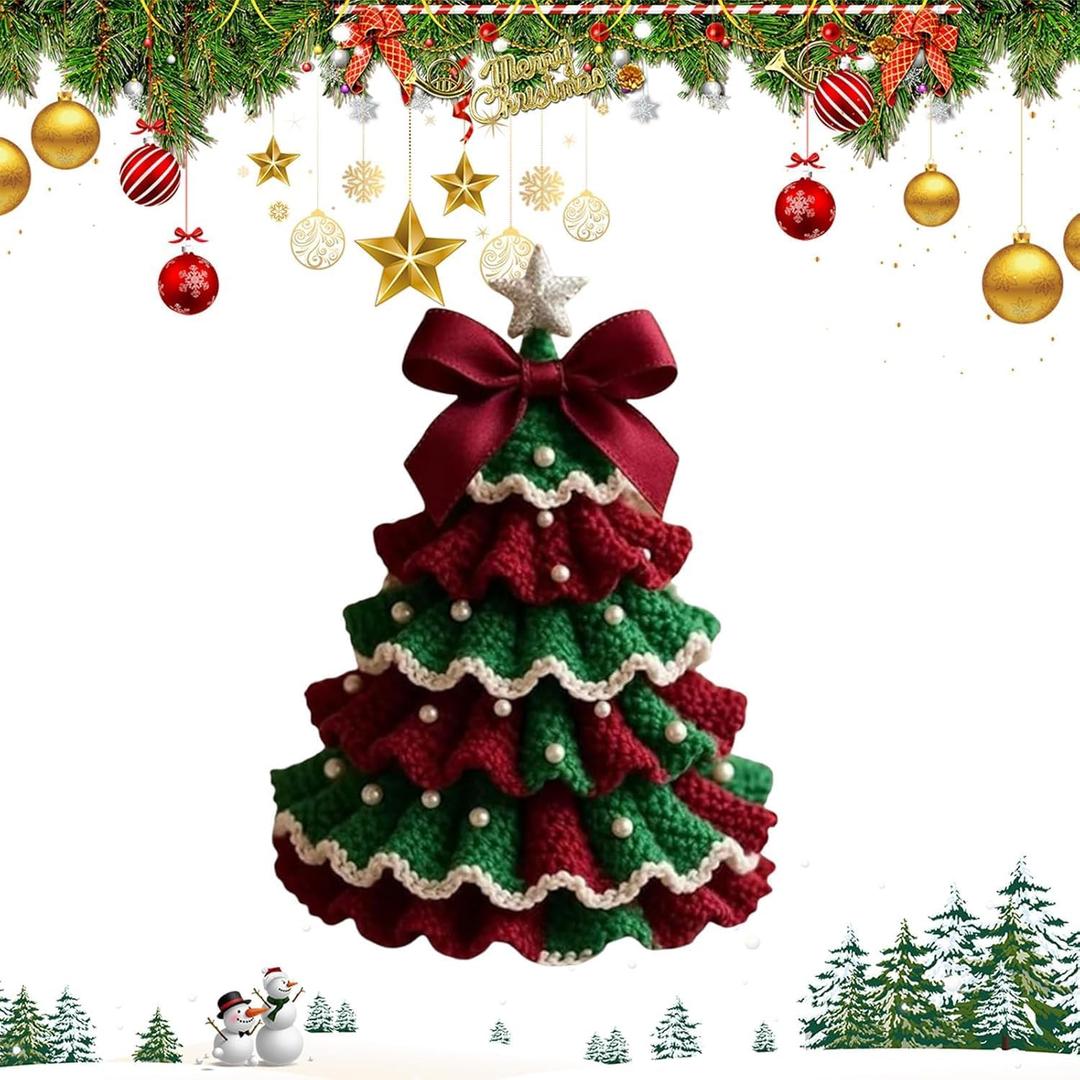 2 Pieces kjsdsss DIY Crochet Christmas Tree Kit Handmade Holiday Decoration Set, Tree Bow Pearl Embellishment, Beginner Christmas Crochet Kit, Christmas Craft Kit with Yarn Hook Beads Instructions