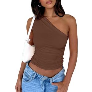 Women's One Shoulder Tank Top Sleeveless Ruched Slim Fit Y2K Basic Going Out Crop Tops (Brown, L)