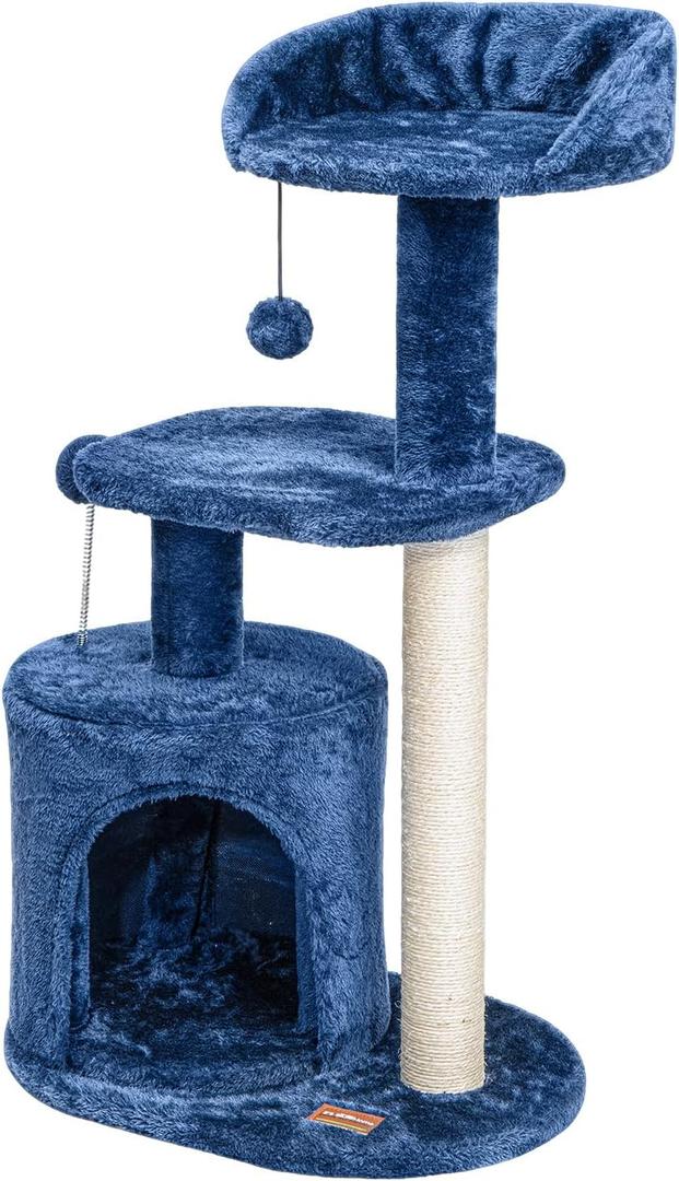 ClevaHome Small Deep Denim Blue Cat Tree for Small Spaces, Kittens, 33.5" Multi-Level Condo with Sisal Scratching Post, Plush Perches & Interactive Pompom Toy for Indoor Cats