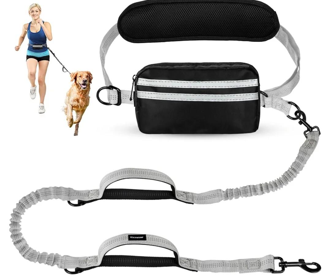 Hands Free Dog Leash, Waist Leash for Dog Walking,Running, Adjustable Waist Belt with Double Padded Handles, No Pull, Grey