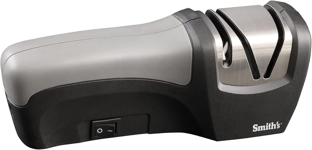 Smiths 50029 Compact Electric Knife Sharpener , Stainless , Kitchen Knife 2 Stage Sharpener , Electric & Manual , Blade Guide , Quick Sharpening & Polishing , Straight Edge Blades , Handheld 120 V (OS)