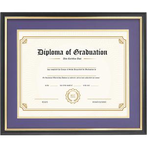 11x14 Diploma Frame with Purple over Gold Mat, 14x17 Certificate Frame, Real Wood with Gold Trim, Black Frame with Arcylic